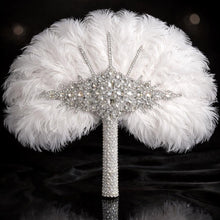 Load image into Gallery viewer, Ostrich Feather Fan Bouquet , Rhinestone Crystal Handle, 1920s Wedding bouquet, Jewel hand fanfor bride