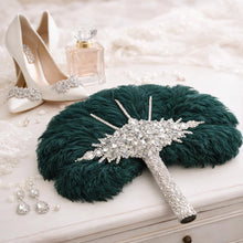 Load image into Gallery viewer, Ostrich Feather Fan Bouquet , Rhinestone Crystal Handle, 1920s Wedding bouquet, Jewel hand fanfor bride