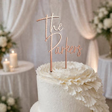 Load image into Gallery viewer, Personalised Cake Topper, Custom Surname Topper, Rustic Wood Last Name topper, Wooden Cake Decoration, Bride and Groom Cake Topper