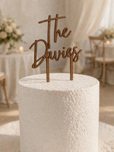 Load image into Gallery viewer, Personalised Cake Topper, Custom Surname Topper, Rustic Wood Last Name topper, Wooden Cake Decoration, Bride and Groom Cake Topper