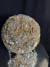 Load image into Gallery viewer, Gold brooch bouquet. Luxury Crystal pearl & Brooch Bridal Bouquet