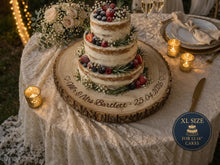 Load image into Gallery viewer, Natural wooden wedding cake stand with personalised Mr and Mrs engraving and rustic bark edge detail.
Custom log slice cake stand for wedding cakes, featuring natural log slice, Handmade wooden cake stand with engraved couple names and wedding date, ideal for rustic, woodland or country wedding cakes.