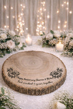 Load image into Gallery viewer, Personalized Wood Slice Cake Stand, Engraved Rustic Wedding stand, Personalised log Engagment Display Board with Sunflowers & Bees