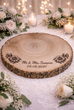 Load image into Gallery viewer, Personalized Wood Slice Cake Stand, Engraved Rustic Wedding stand, Personalised log Engagment Display Board with Sunflowers & Bees