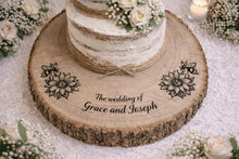 Load image into Gallery viewer, Personalized Wood Slice Cake Stand, Engraved Rustic Wedding stand, Personalised log Engagment Display Board with Sunflowers & Bees