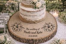 Load image into Gallery viewer, Personalized Wood Slice Cake Stand, Engraved Rustic Wedding Engagment Display stand, Personalised Engraved log Slice with Lillies