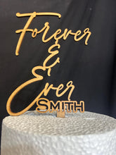 Load image into Gallery viewer, Rustic Cake Stand & Topper Set, Boho Wedding, Wooden topper and Wood Slice Custom Last name Personalised Surname