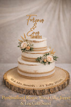 Load image into Gallery viewer, Rustic Cake Stand & Topper Set, Boho Wedding, Wooden topper and Wood Slice Custom Last name Personalised Surname