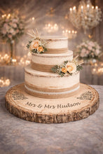 Load image into Gallery viewer, Personalized Wood Slice Cake Stand, Engraved Rustic Wedding Display stand, Personalised Engraved log, Engagment Dessert plate with Roses