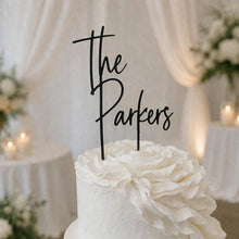 Load image into Gallery viewer, Personalised Cake Topper, Custom Surname Topper, Rustic Wood Last Name topper, Wooden Cake Decoration, Bride and Groom Cake Topper