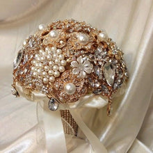 Load image into Gallery viewer, Gold brooch bouquet. Luxury Crystal pearl & Brooch Bridal Bouquet