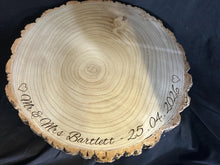 Load image into Gallery viewer, Personalised log Slice Cake Stand, Engraved Rustic wooden Wedding Display stand, Personalized Engraved tree slice, Engagement Dessert Board