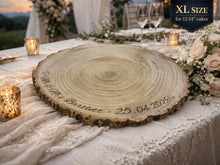 Load image into Gallery viewer, Personalised wood Cake Stand, Natural Rustic shape Engraved wooden slice Wedding Display stand, Personalized Etched log, Wood Dessert Board
