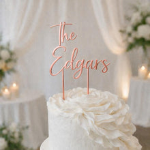 Load image into Gallery viewer, Personalised Cake Topper, Custom Surname Topper, Rustic Wood Last Name topper, Wooden Cake Decoration, Bride and Groom Cake Topper