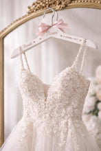 Load image into Gallery viewer, Personalised Wedding Hanger, Bride Hanger, Engraved Wooden Hanger, Bridesmaid Gift, Custom Wedding Dress Hanger, Name Role Date with hearts