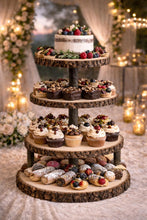 Load image into Gallery viewer, Personalized Wood Slice Cake Stand,3 Tier Engraved Rustic Stand 4 tier Wedding stand, Personalised log cupcake stand 5 tier Dessert Display