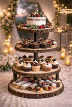 Load image into Gallery viewer, Personalized Wood Slice Cake Stand,3 Tier Engraved Rustic Stand 4 tier Wedding stand, Personalised log cupcake stand 5 tier Dessert Display