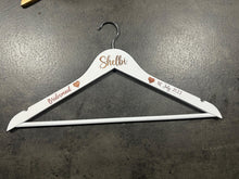 Load image into Gallery viewer, Personalised Wedding Hanger, Bride Hanger, Engraved Wooden Hanger, Bridesmaid Gift, Custom Wedding Dress Hanger, Name Role Date with hearts
