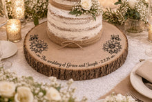 Load image into Gallery viewer, Personalized Wood Slice Cake Stand, Engraved Rustic Wedding stand, Personalised log Engagment Display Board with Sunflowers & Bees