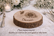 Load image into Gallery viewer, Personalized Wood Slice Cake Stand, Engraved Rustic Wedding stand, Personalised log Engagment Display Board with Sunflowers & Bees