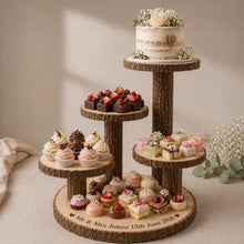 Load image into Gallery viewer, Personalized Log Slice Cake Stand, Stepped 3,4,or 5 Tier Engraved Rustic Wedding stand, Personalised wooden cupcake Dessert Display