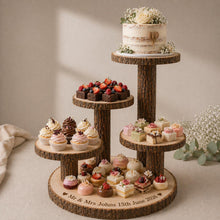 Load image into Gallery viewer, Personalized Log Slice Cake Stand, Stepped 3,4,or 5 Tier Engraved Rustic Wedding stand, Personalised wooden cupcake Dessert Display