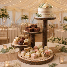 Load image into Gallery viewer, Personalized Log Slice Cake Stand, Stepped 3,4,or 5 Tier Engraved Rustic Wedding stand, Personalised wooden cupcake Dessert Display