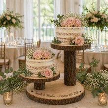 Load image into Gallery viewer, Personalized Log Slice Cake Stand, Stepped 3,4,or 5 Tier Engraved Rustic Wedding stand, Personalised wooden cupcake Dessert Display
