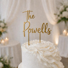 Load image into Gallery viewer, Personalised Cake Topper, Custom Surname Topper, Rustic Wood Last Name topper, Wooden Cake Decoration, Bride and Groom Cake Topper