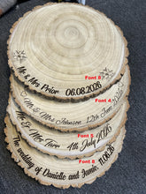 Load image into Gallery viewer, Personalized Wood Slice Cake Stand,3 Tier Engraved Rustic Stand 4 tier Wedding stand, Personalised log cupcake stand 5 tier Dessert Display