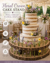 Load image into Gallery viewer, Personalised log slice, Rustic Floral Halo Wood Cake Stand – Wedding Display tree Slice Floral Cake Display Wedding Cake Stand