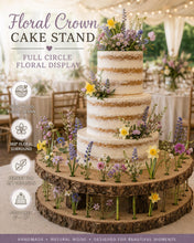 Load image into Gallery viewer, Personalised log slice, Rustic Floral Halo Wood Cake Stand – Wedding Display tree Slice Floral Cake Display Wedding Cake Stand