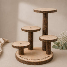 Load image into Gallery viewer, Personalized Log Slice Cake Stand, Stepped 3,4,or 5 Tier Engraved Rustic Wedding stand, Personalised wooden cupcake Dessert Display