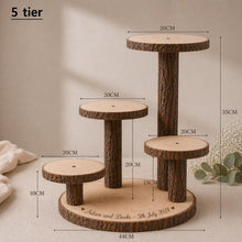 Load image into Gallery viewer, Personalized Log Slice Cake Stand, Stepped 3,4,or 5 Tier Engraved Rustic Wedding stand, Personalised wooden cupcake Dessert Display