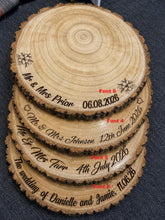 Load image into Gallery viewer, Personalized Wood Slice Cake Stand, Premium quality Varnished Engraved Rustic Wedding Display stand, Personalised log Slice