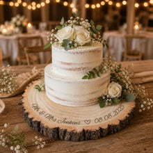 Load image into Gallery viewer, Rustic Personalised Log Slice, Wedding Cake Stand, Engraved Wood Wedding Cake Board Engagement Dessert Board