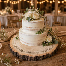Load image into Gallery viewer, Rustic Personalised Log Slice, Wedding Cake Stand, Engraved Wood Wedding Cake Board Engagement Dessert Board