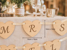 Load image into Gallery viewer, Wooden Wedding Sign Bunting Rustic Heart Garland, Top table, Cards, Dessert cart OR Any personalisation