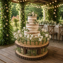 Load image into Gallery viewer, Personalised log slice, Rustic Floral Halo Wood Cake Stand – Wedding Display tree Slice Floral Cake Display Wedding Cake Stand
