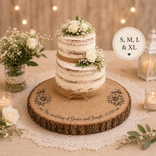 Load image into Gallery viewer, Personalized Wood Slice Cake Stand, Engraved Rustic Wedding stand, Personalised log Engagment Display Board with Sunflowers & Bees