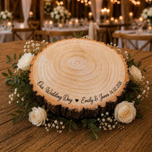 Load image into Gallery viewer, Personalized Wood Slice Cake Stand, Engraved Rustic Wedding Display stand, Personalised Engraved log Slice, Engagement Dessert Display Board
