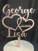 Load image into Gallery viewer, Personalized Wedding Cake Topper with date , Couples names Cake Toppers for Wedding, Rustic Wedding Cake Topper, Custom Wedding Cake Topper