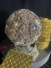 Load image into Gallery viewer, Gold Crystal Brooch Bridal Bouquet – Glam Art Deco Cascade, Handmade Luxury Wedding Bouquet