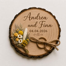 Load image into Gallery viewer, Personalised Wedding ring holder, Rustic Wood log ring cushion with dried flowers, wedding rings log slice , wedding gift