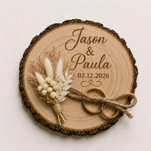 Load image into Gallery viewer, Personalised Wedding ring holder, Rustic Wood log ring cushion with dried flowers, wedding rings log slice , wedding gift