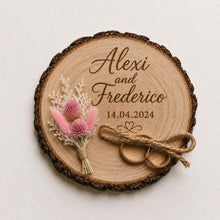 Load image into Gallery viewer, Personalised Wedding ring holder, Rustic Wood log ring cushion with dried flowers, wedding rings log slice , wedding gift