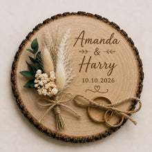 Load image into Gallery viewer, Personalised Wedding ring holder, Rustic Wood log ring cushion with dried flowers, wedding rings log slice , wedding gift