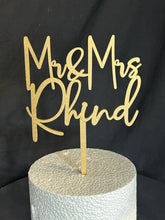 Load image into Gallery viewer, Gold Wedding cake topper, Personalized cake topper, Rustic wedding cake topper, Custom Mr Mrs topper, Anniversary Cake toppers, Wood topper