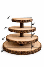 Load image into Gallery viewer, Personalized Wood Slice Cake Stand,3 Tier Engraved Rustic Stand 4 tier Wedding stand, Personalised log cupcake stand 5 tier Dessert Display