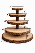 Load image into Gallery viewer, Personalized Wood Slice Cake Stand,3 Tier Engraved Rustic Stand 4 tier Wedding stand, Personalised log cupcake stand 5 tier Dessert Display